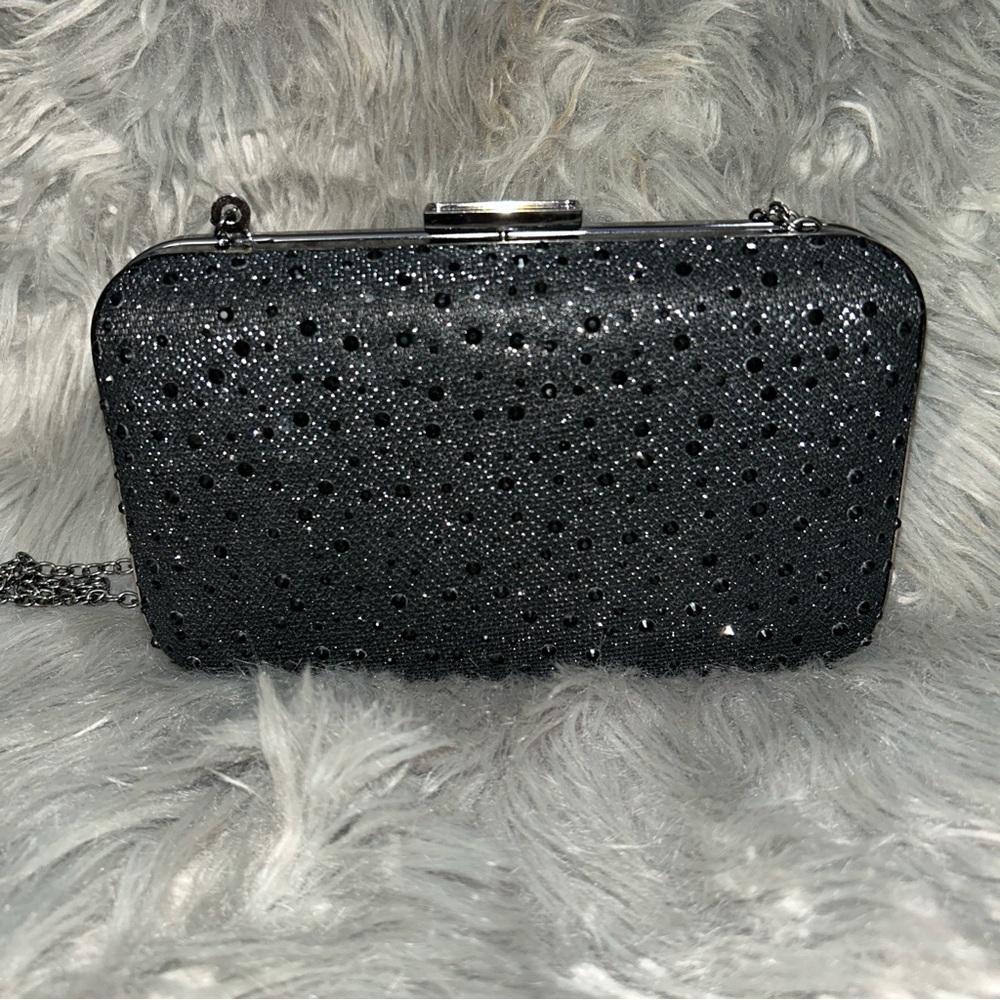 INC Black Rhinestone Evening Clutch Sparkly Formal Bag w/ Chain Strap